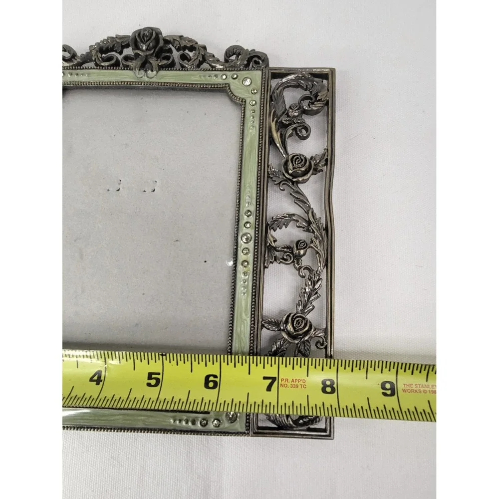 Vintage Style Bronze Rose Enamel Rhinestone Ornate Photo Frame 4x6 Sage Green